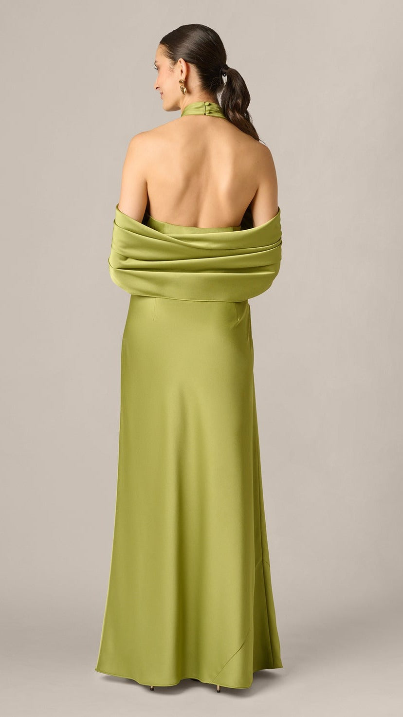 Aidan Mattox Satin Draped Shawl Halter Gown 209933 Wholesale