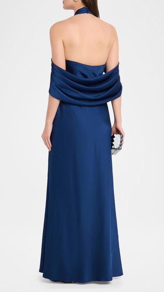 Aidan Mattox Satin Draped Shawl Halter Gown 209933 Wholesale
