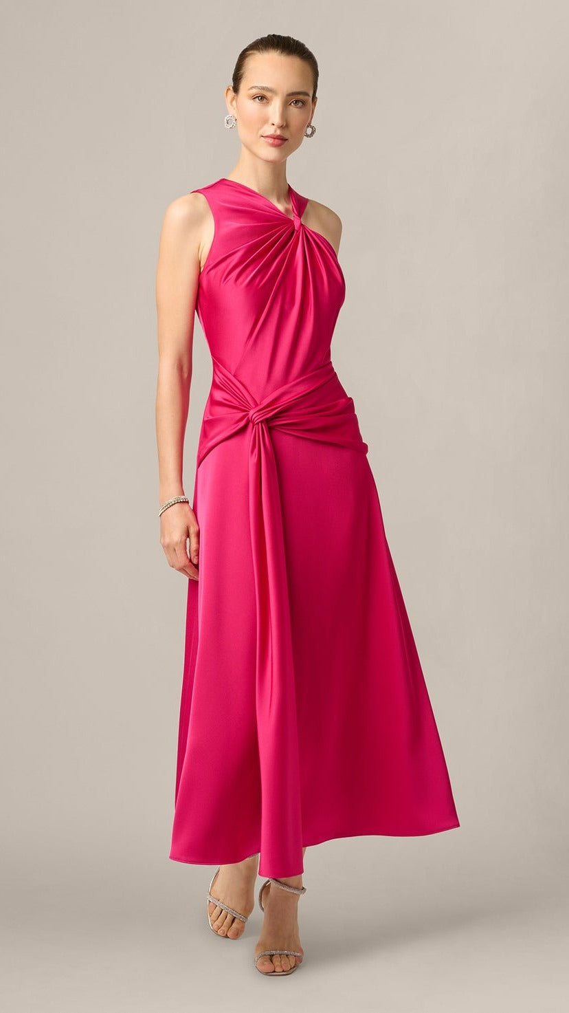 Aidan Mattox Satin Asymmetrical Knotted Drape Midi Dress 209936 Wholesale