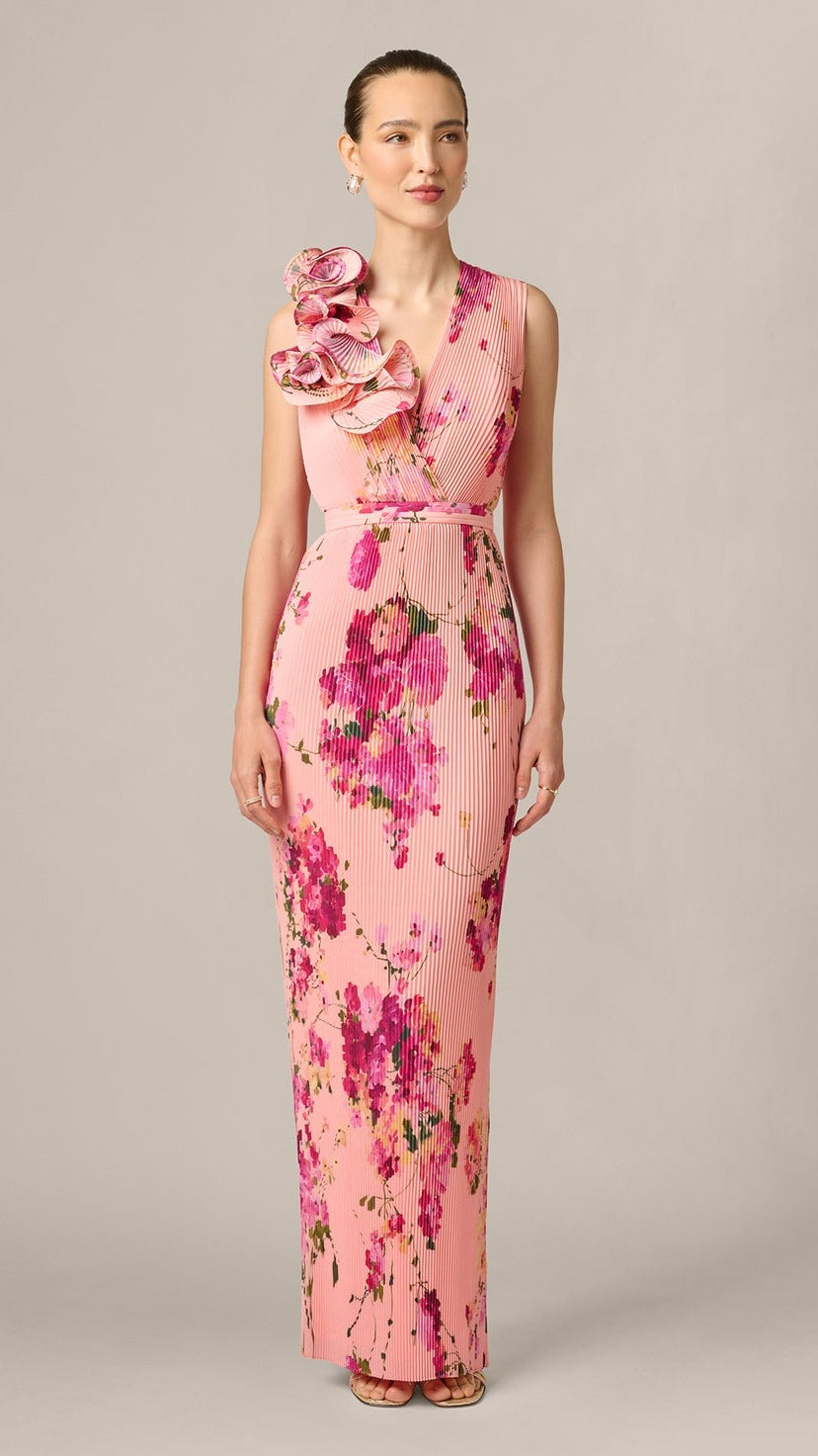 Aidan Mattox Floral Flounce Shoulder Pleated Gown 210029 Wholesale