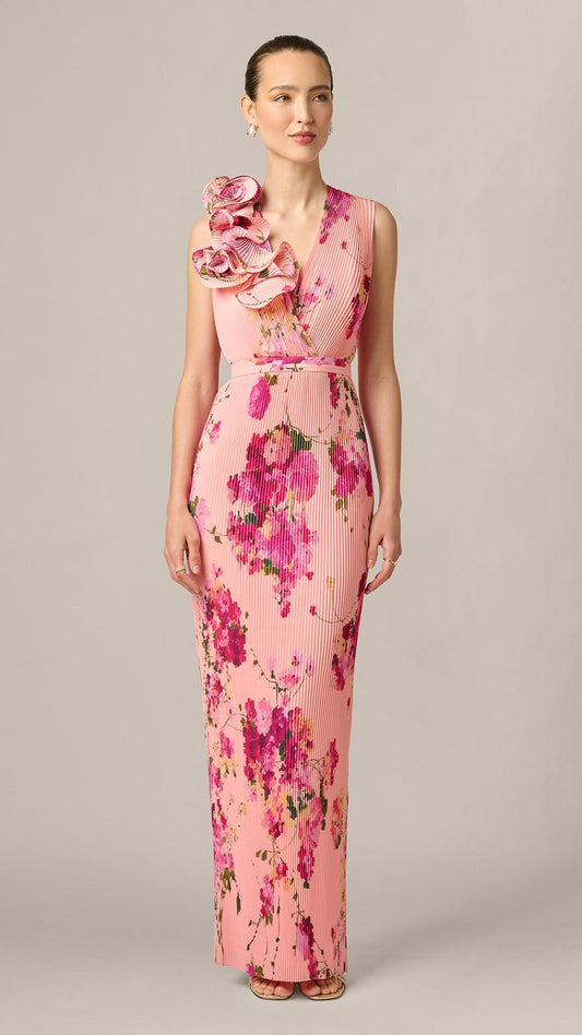 Aidan Mattox Floral Flounce Shoulder Pleated Gown 210029 Wholesale