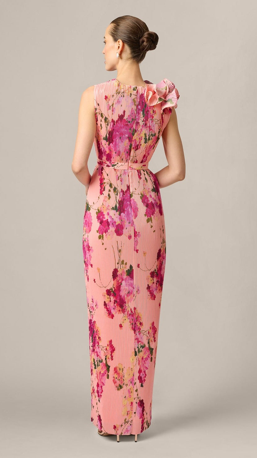Aidan Mattox Floral Flounce Shoulder Pleated Gown 210029 Wholesale