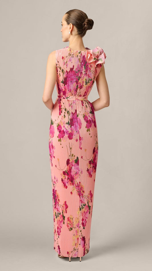 Aidan Mattox Floral Flounce Shoulder Pleated Gown 210029 Wholesale