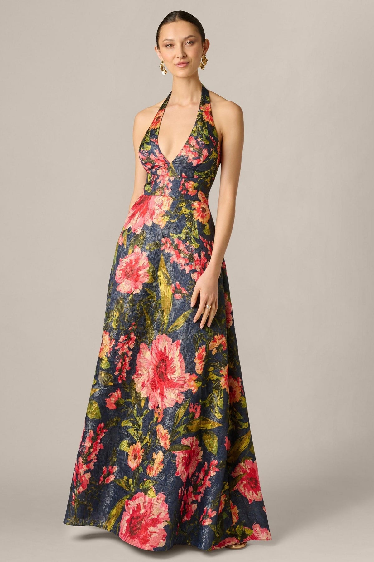 Aidan Mattox Floral Jacquard Plunge Neck Halter Ballgown 210039 Wholesale