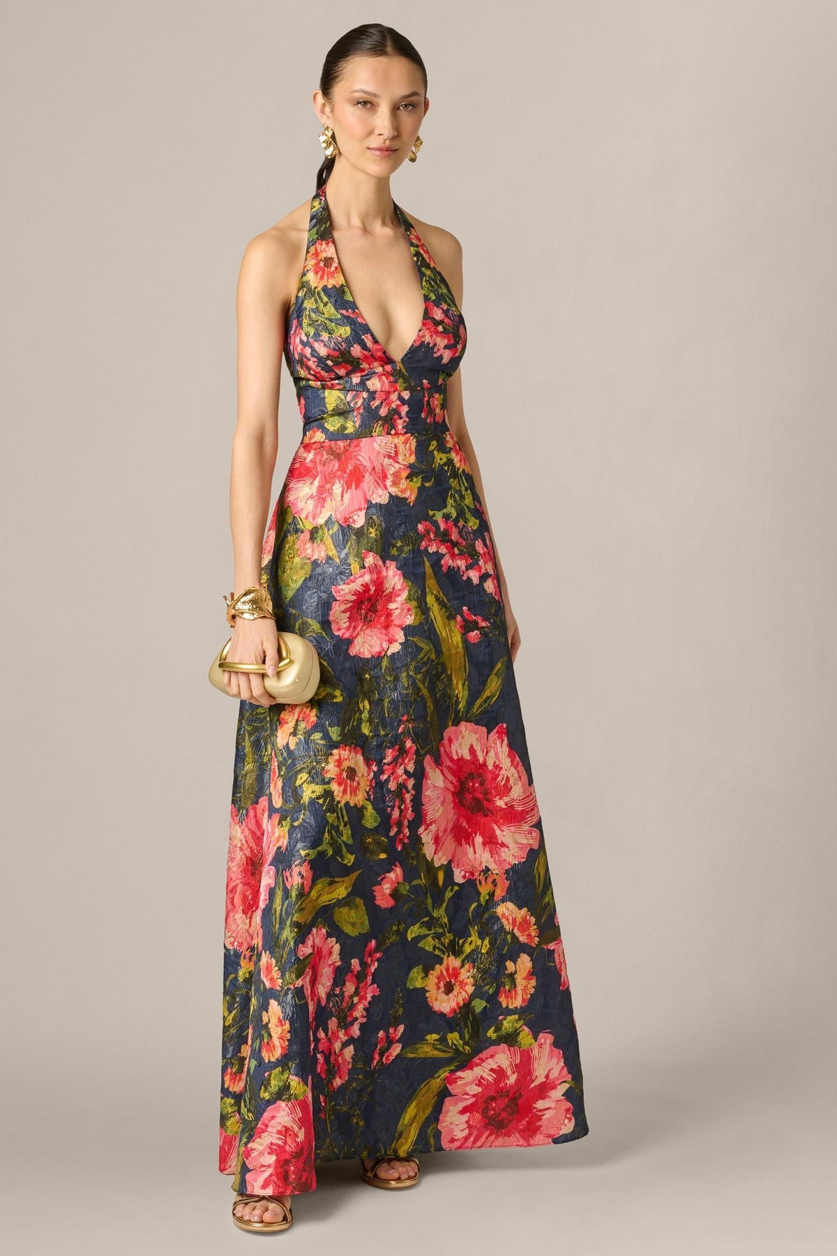 Aidan Mattox Floral Jacquard Plunge Neck Halter Ballgown 210039 Wholesale