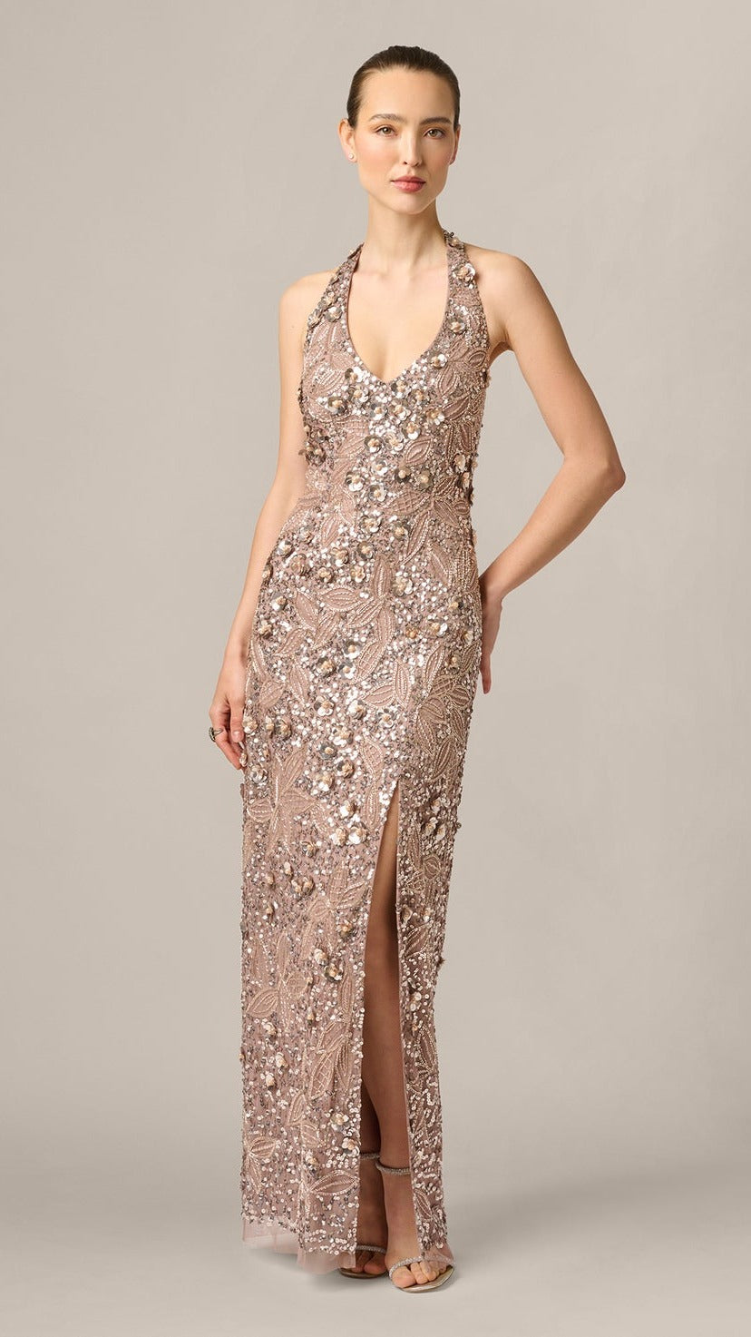 Aidan Mattox 3D Floral Sequin Beaded Halter Gown 210055 Wholesale