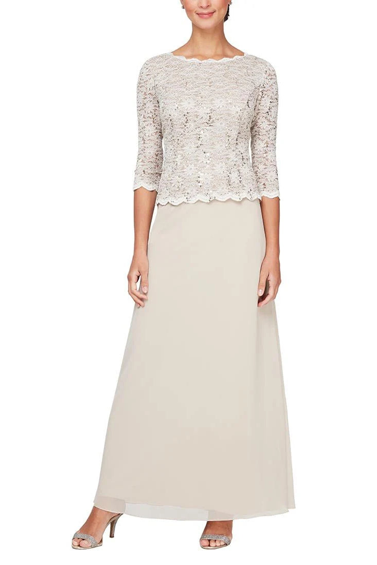 Alex Evenings Scalloped Crew Neck 3/4 Sleeve Sequined Lace Bodice Mock 2 Piece Dress with Chiffon Skirt (Petite) - TAUPE - Front