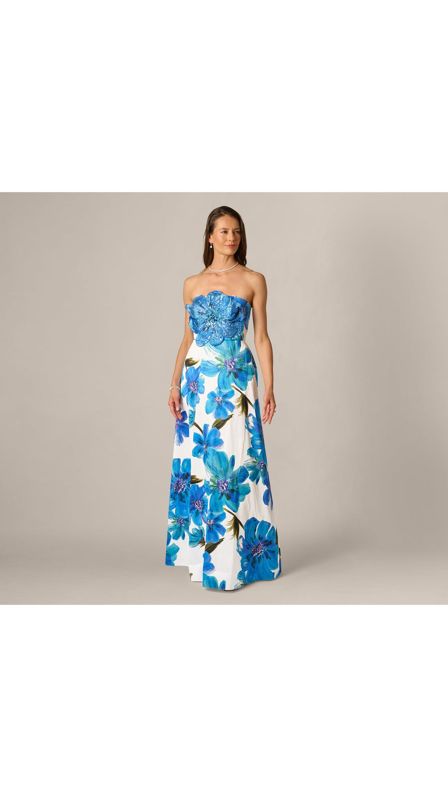 Adrianna Papell 213025 Strapless 3D Floral Beaded Dupioni Gown