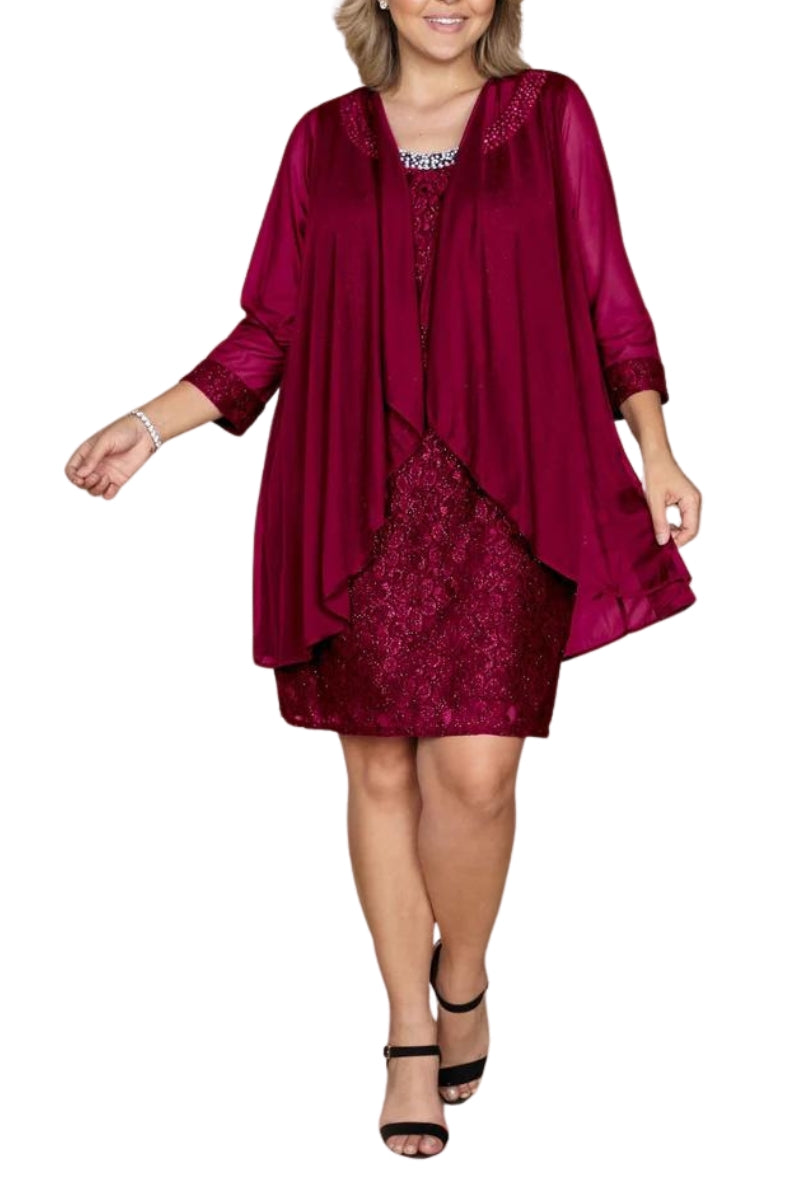 R&M Richards Embellished Lace Sheath Dress & Jacket - Wholesale - CRANBERRY - Front 