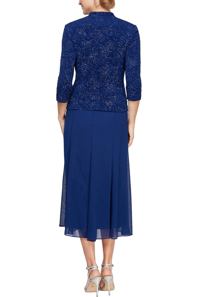 Alex Evenings Sleeveless Square Neck Zipper Back Glitter Jacquard Bodice Chiffon Skirt With Matching Jacket - Wholesale - ELECTRIC BLUE - Back 