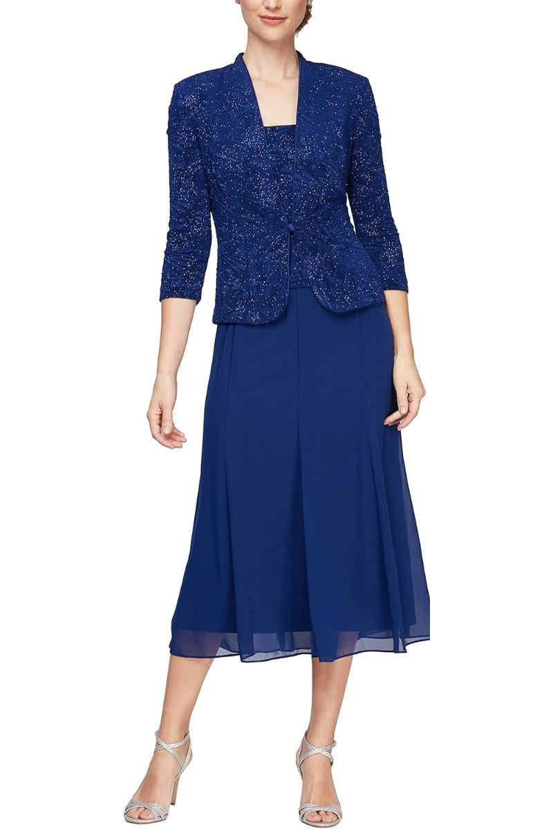 Alex Evenings Sleeveless Square Neck Zipper Back Glitter Jacquard Bodice Chiffon Skirt With Matching Jacket - Wholesale - ELECTRIC BLUE - Front 