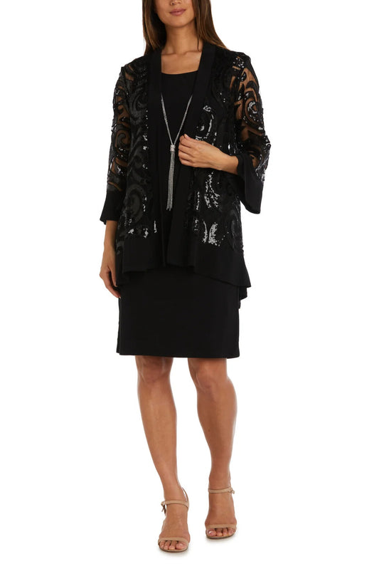 R&M Richards Scoop Neckline 3/4 Sleeves Pullover Jersey Dress with Sequin Dress - BLACK - Front