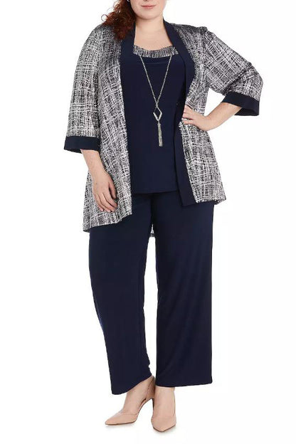 R&M Richards Metallic Printed Formal Pant Set ( Plus Size ) - NAVY - FRONT 