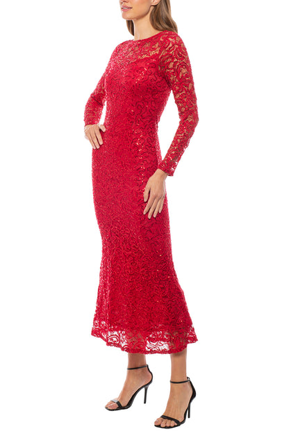 Marina Long Sleeve Illusion Boat Neck Sequin Lace Midi Dress