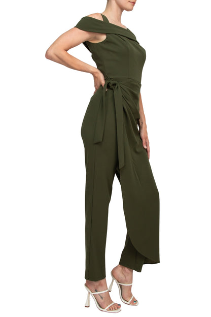 Marina Square Neck Off Shoulder Tie Side Zipper Back Faux Sarong Overlay Crepe Jumpsuit