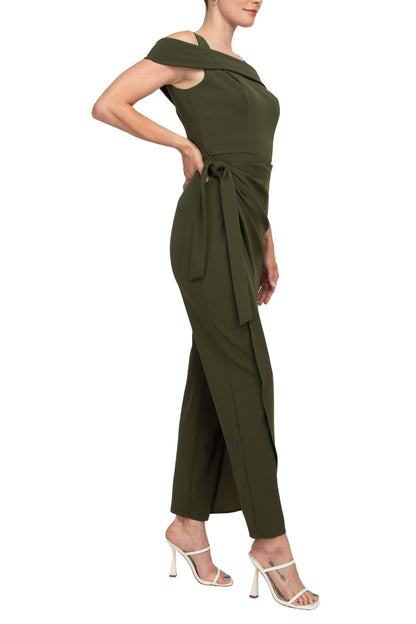 Marina Square Neck Off Shoulder Tie Side Zipper Back Faux Sarong Overlay Crepe Jumpsuit