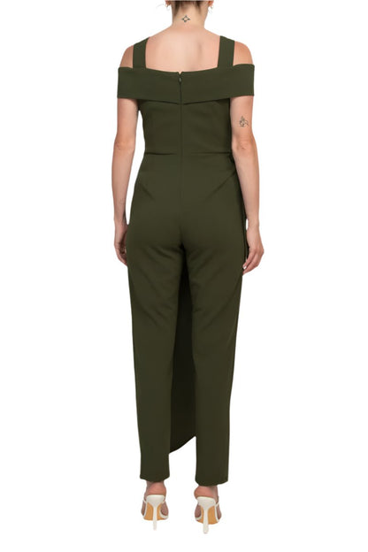 Marina Square Neck Off Shoulder Tie Side Zipper Back Faux Sarong Overlay Crepe Jumpsuit - OLIVE - Back