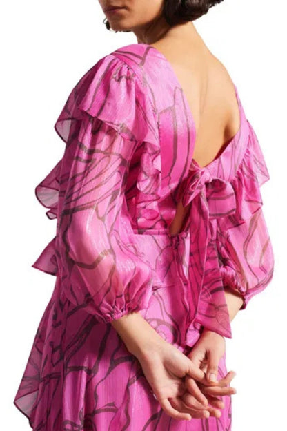 Ted Baker Victoir V-Neckline Puffed Sheer Three-Quarter Sleeves Defined Waistline Cascade Ruffle Flared A-Line Midi Dress