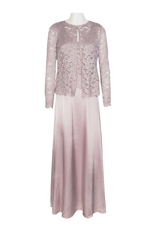 Marina Crew Neck Sleeveless Embroidered Top Zipper Back Solid Satin Dress with Jacket 2 Piece Set - MAUVE - FRONT 