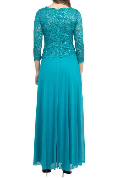 Marina Scalloped Neck 3/4 Sleeve Sequin Lace Bodice Pleated Broach Fit and Flare Chiffon Dress - JADE - Back