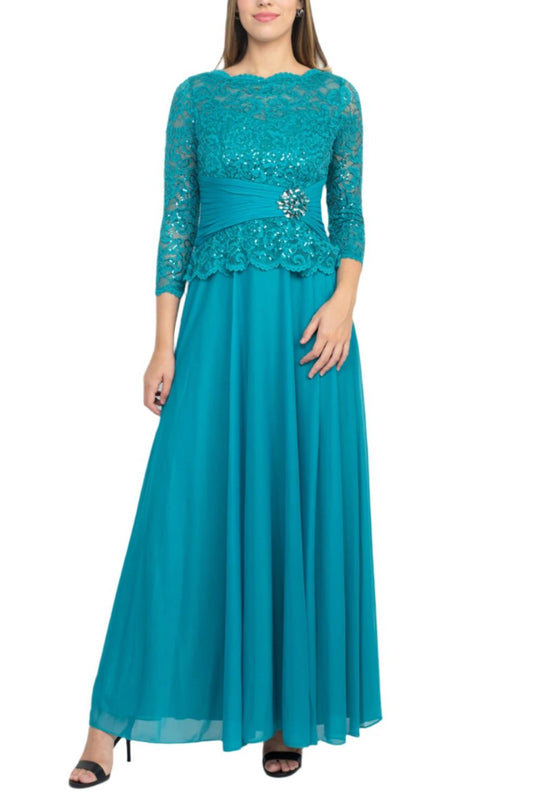 Marina Scalloped Neck 3/4 Sleeve Sequin Lace Bodice Pleated Broach Fit and Flare Chiffon Dress - JADE - Front