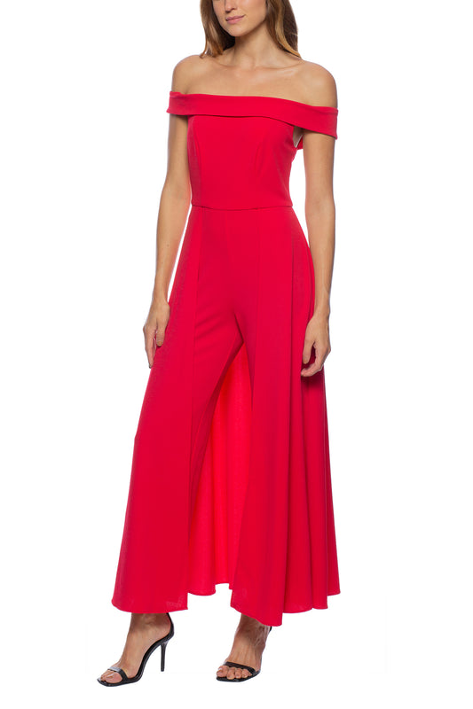 Marina Off Shoulder Zipper Back Solid Walk Through Crepe Jumpsuit - RED - FRONT 