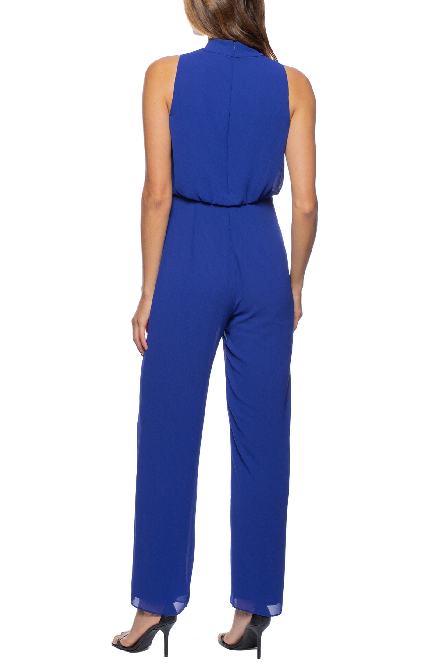 Marina Sleeveless Halter Mock Neck Rhinestone Bow Waist Chiffon Jumpsuit - ROYAL BLUE - Wholesale - back