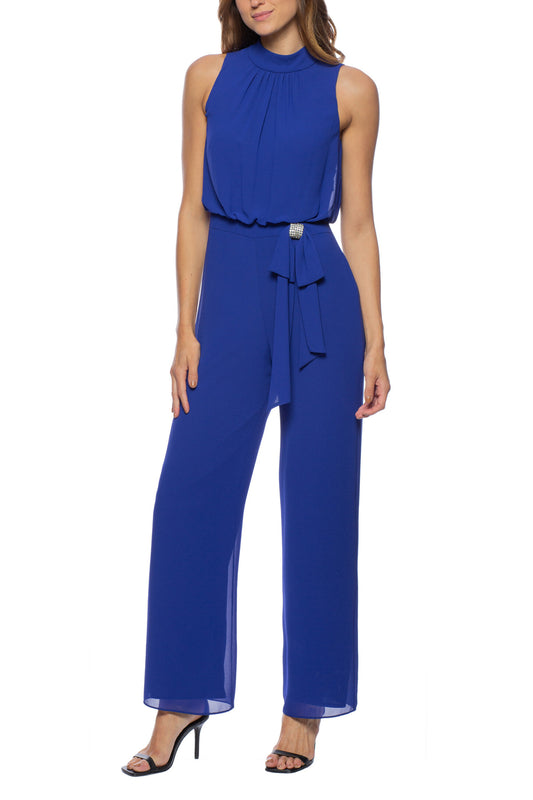 Marina Sleeveless Halter Mock Neck Rhinestone Bow Waist Chiffon Jumpsuit - ROYAL BLUE - Wholesale front