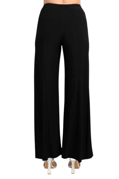 Marina Scoop Neck Embellished Chiffon Long Sleeve Slit Side Top and Elastic Mid Waist Wide Leg Jersey Two Piece Pant Set - BLACK - Back Bottom