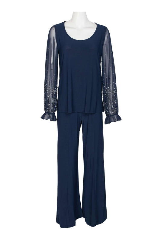 Marina Scoop Neck Embellished Chiffon Long Sleeve Slit Side Top and Elastic Mid Waist Wide Leg Jersey Two Piece Pant Set - NAVY - Front Full View