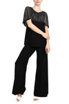 Black Scoop-Neck Full-Length Chiffon Evening Pant Suit with Beaded Capelet Marina 267490