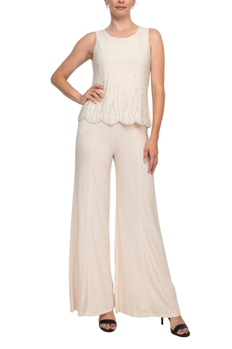 Marina Scoop Neck Sleeveless Embellished Scalloped Hem Mock 2 Piece Jumpsuit with Long Sleeve Embellished Long Bodied Jacket