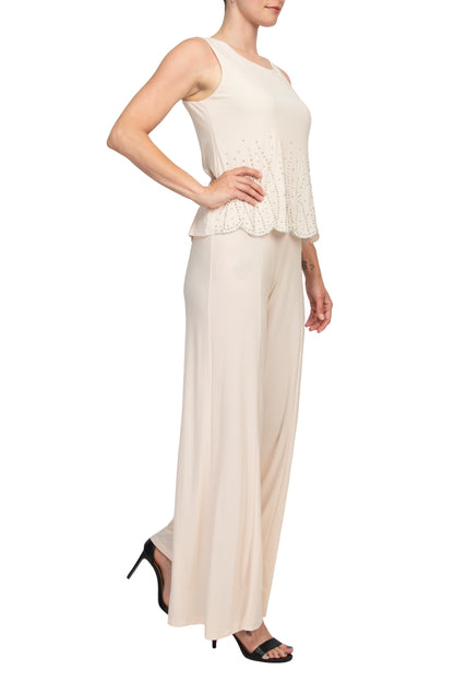 Marina Scoop Neck Sleeveless Embellished Scalloped Hem Mock 2 Piece Jumpsuit with Long Sleeve Embellished Long Bodied Jacket