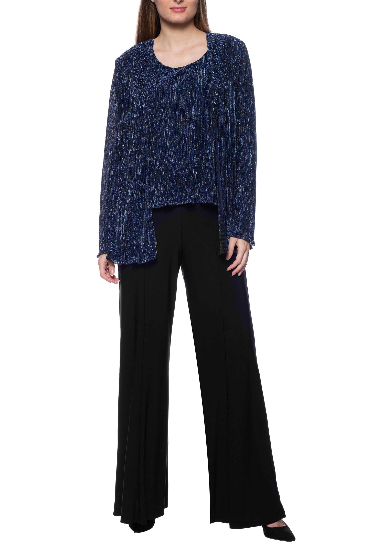 Marina scoop neck sleeveless pleated metallic chiffon top with long sleeve open front jacket - Wholesale - NAVY BLACK - front