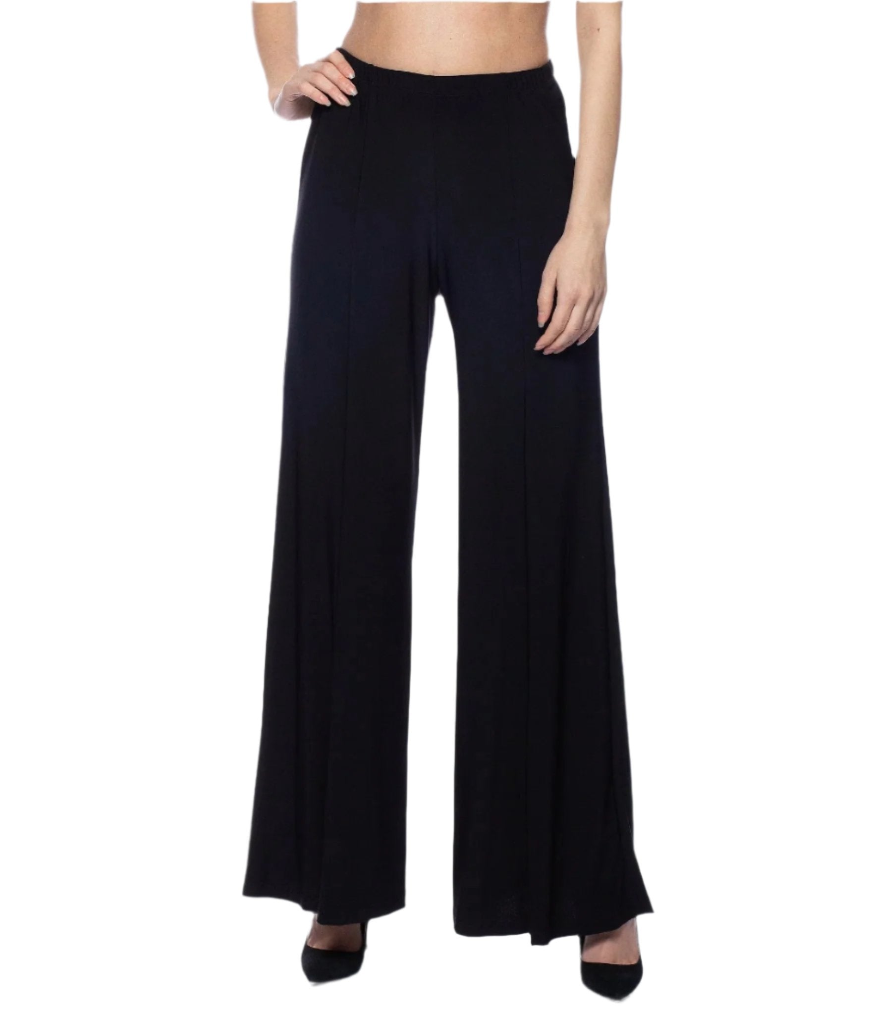 Marina elastic waist straight leg pull-on matte jersey pants - Wholesale - BLACK - front