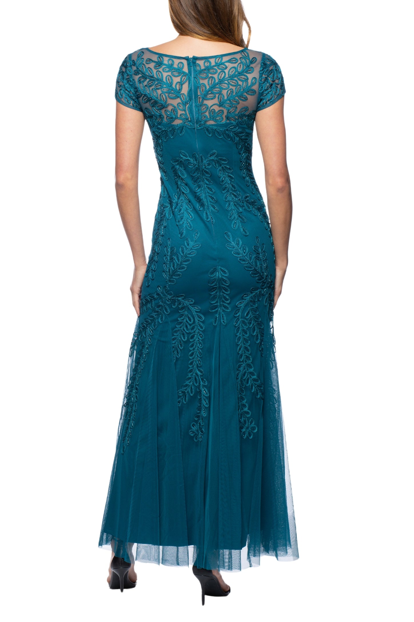 Marina illusion boat neck cap sleeve zipper back embellished mesh dress - Wholesale - TEAL - back view