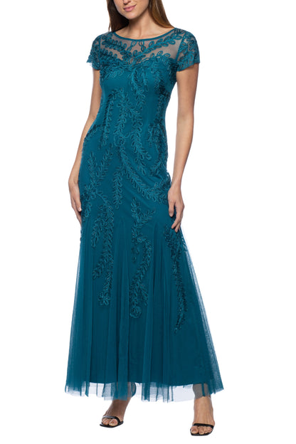 Marina illusion boat neck cap sleeve zipper back embellished mesh dress - Wholesale - TEAL - front view