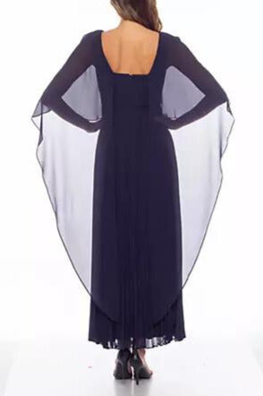 Marina boat neck capelet pleated front zipper closure solid crepe chiffon gown - Wholesale - NAVY - Back 