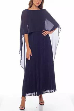 Marina boat neck capelet pleated front zipper closure solid crepe chiffon gown - Wholesale - NAVY - Front 