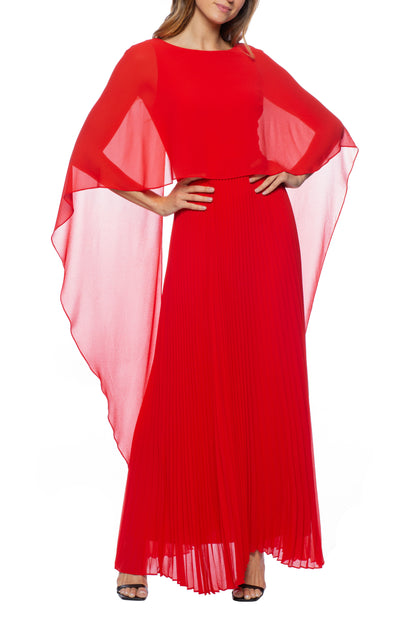 Marina boat neck capelet pleated front zipper closure solid crepe chiffon gown - Wholesale - RED - Front