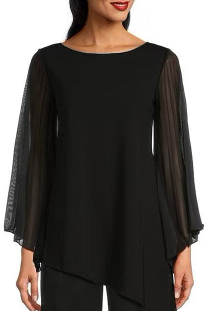 Marina Chiffon Sleeve Crew Neck Scuba Crepe Top - BLACK - Front View