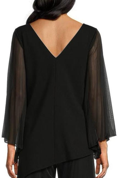 Marina Chiffon Sleeve Boat Neck Scuba Crepe Top - BLACK - BACK  VIEW