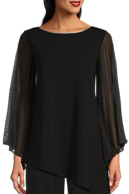 Marina Chiffon Sleeve Boat Neck Scuba Crepe Top - BLACK - FRONT VIEW