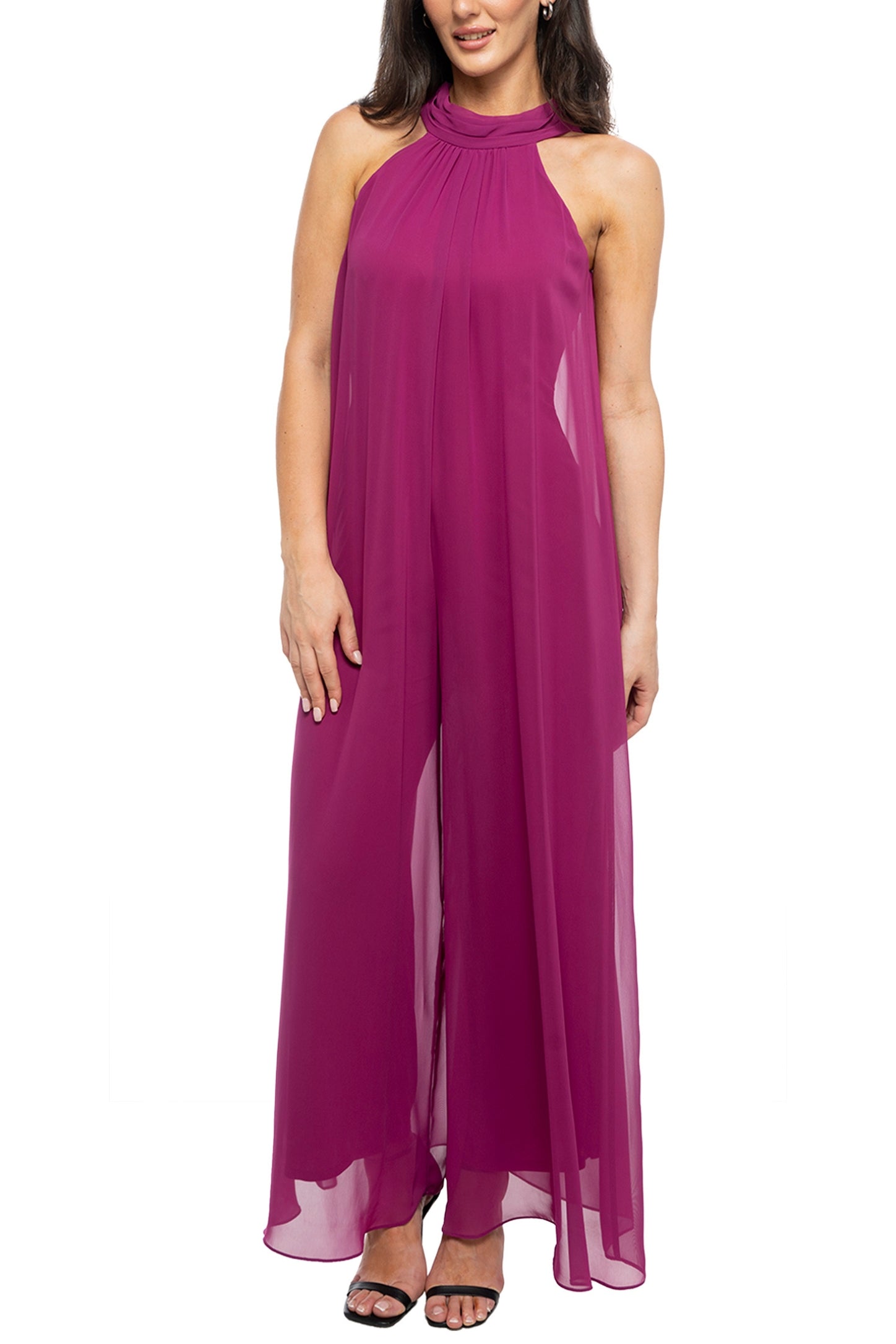 Marina Chiffon Halter Neck Sleeveless Wide Leg Overlay Jumpsuit - Wholesale front