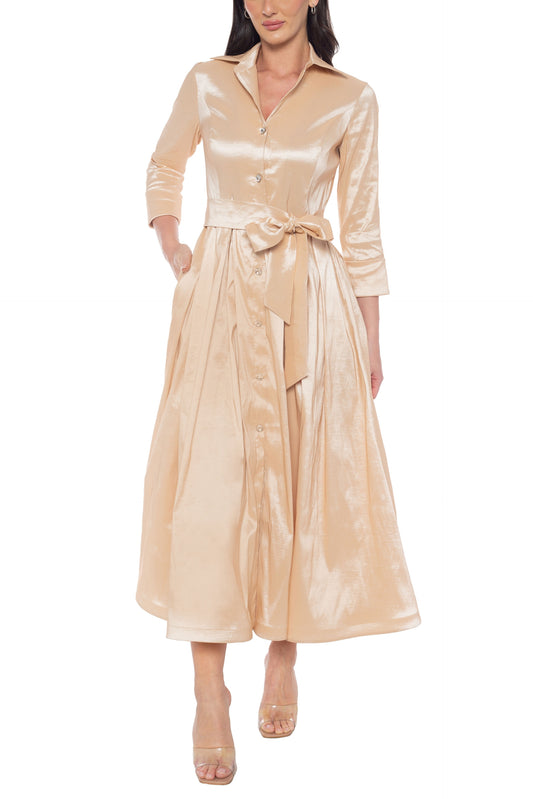 Robe mi-longue en taffetas à manches 3/4 et col pointu avec ceinture nouée à la taille Marina - Vente en gros