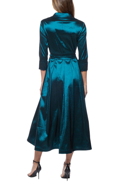 Marina 3/4 Sleeve Point Collar Neck Tie Waist Taffeta Midi A-LIne Dress - Wholesale_back