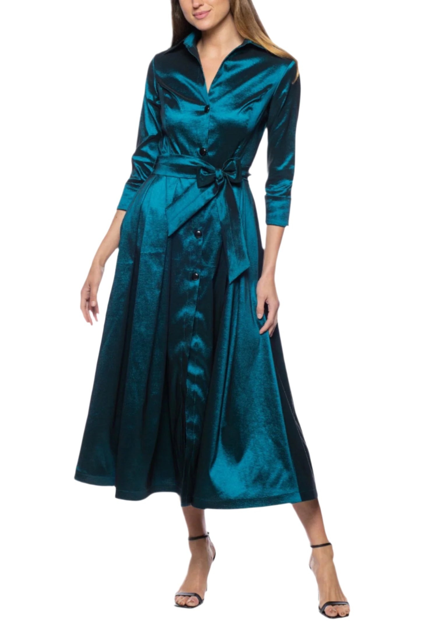 Marina 3/4 Sleeve Point Collar Neck Tie Waist Taffeta Midi A-LIne Dress - Wholesale_front