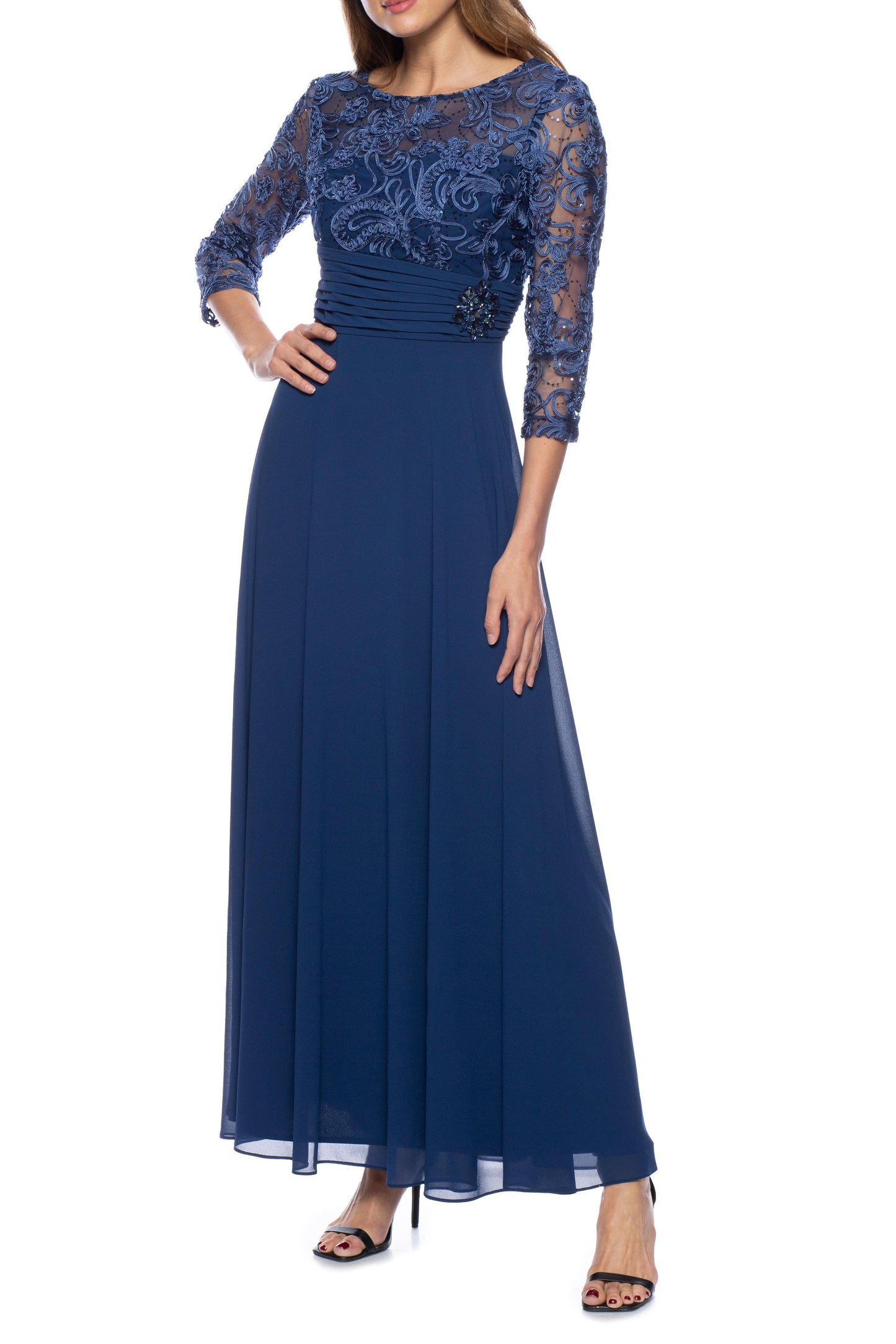 Marina Boat Neck Embellished Bodice 3/4 Sleeve Zipper Back Embellished Pleated Waist Chiffon Dress - NAVY - Front