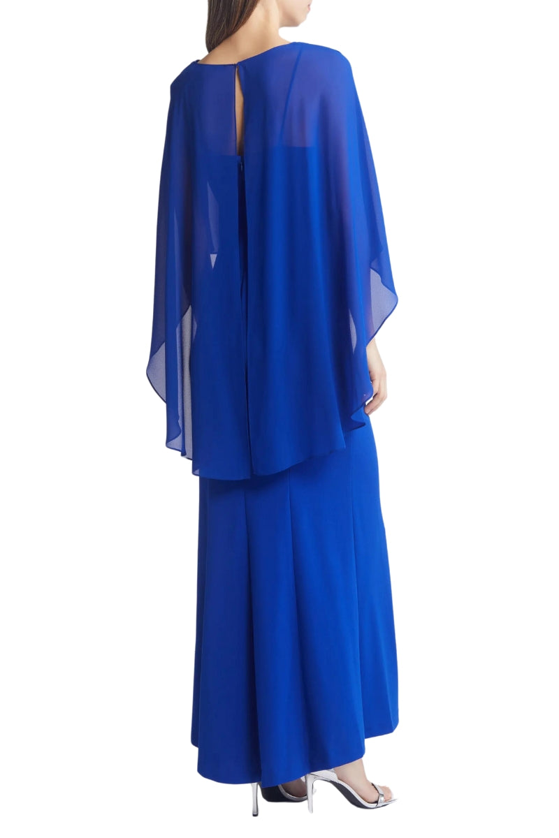 Marina Rhinestone Trim Chiffon Capelet Gown - COBALT - Back