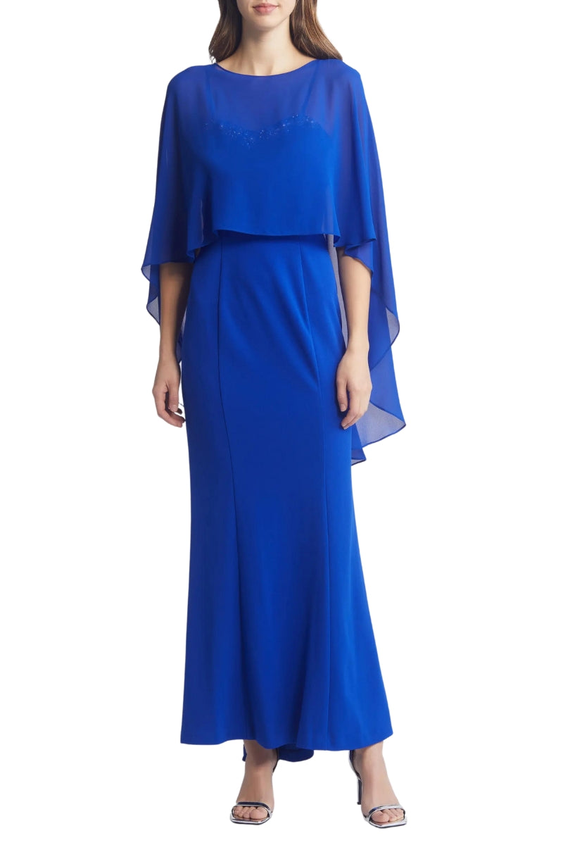 Marina Rhinestone Trim Chiffon Capelet Gown - COBALT - Front